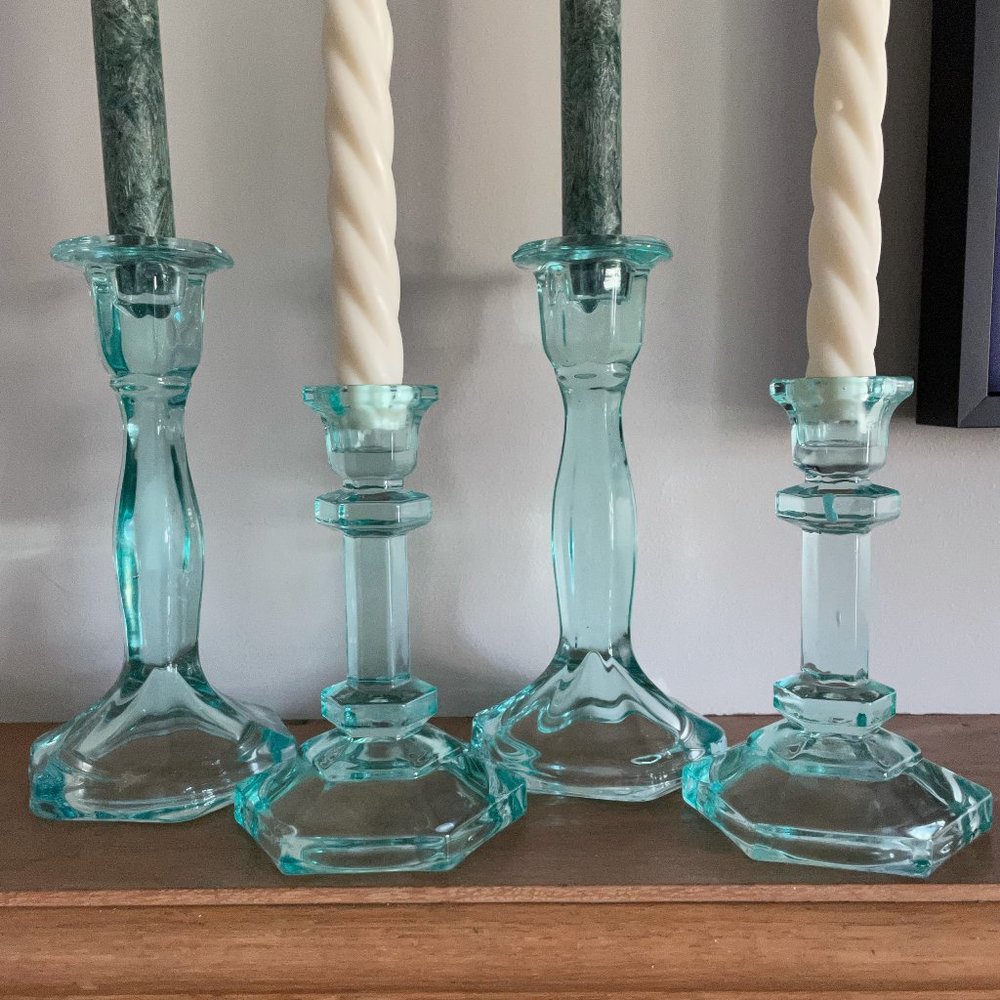 4 Vintage Iridescent Robin Egg Blue Glass Candlestick Holders